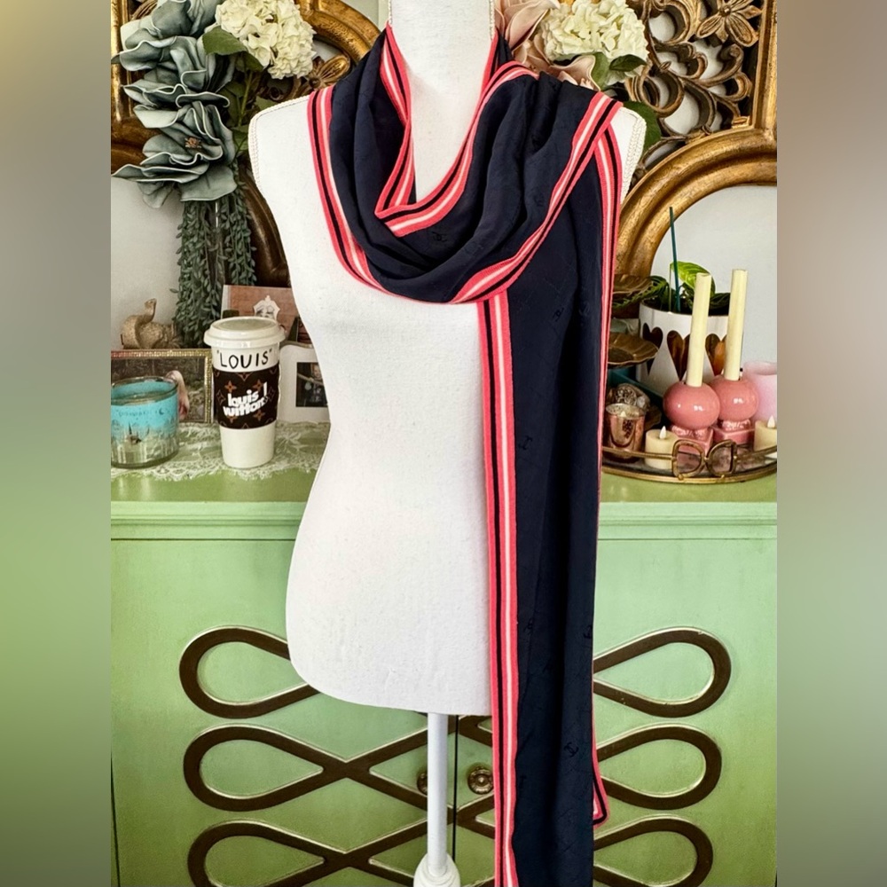 Chanel Silk & Wool Scarf Navy & Pink - Picture 1 of 10